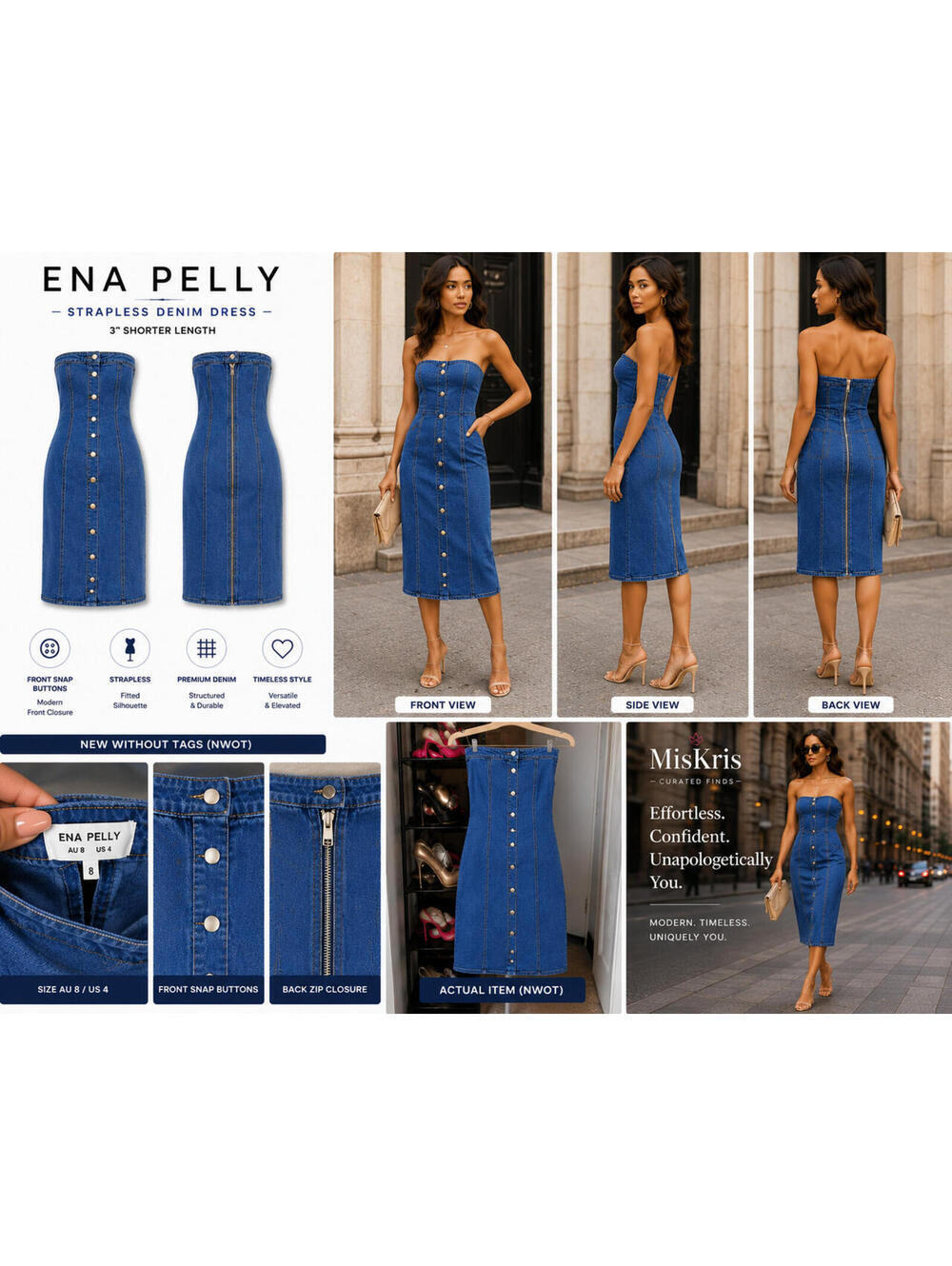 ENA PELLY Strapless Denim Midi Dress Blue AU8 US4 NWOT